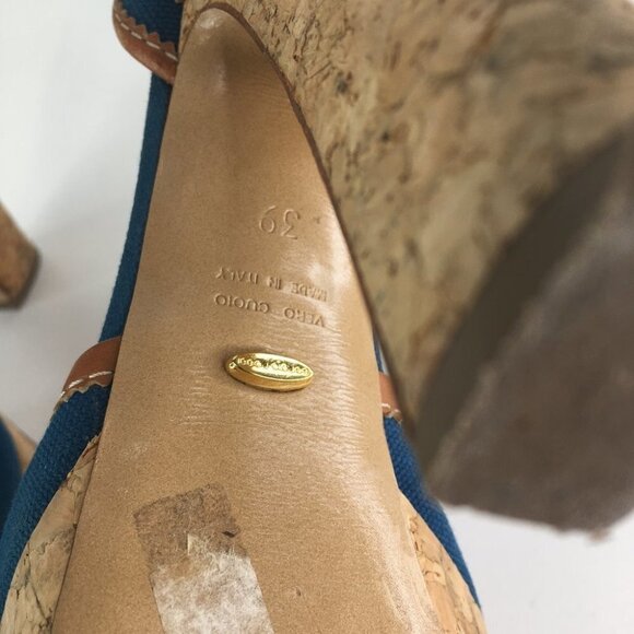 SERGIO ROSSI Blue/Brown Peep Toe Cork Platform Denim Sandal - Picture 5 of 8